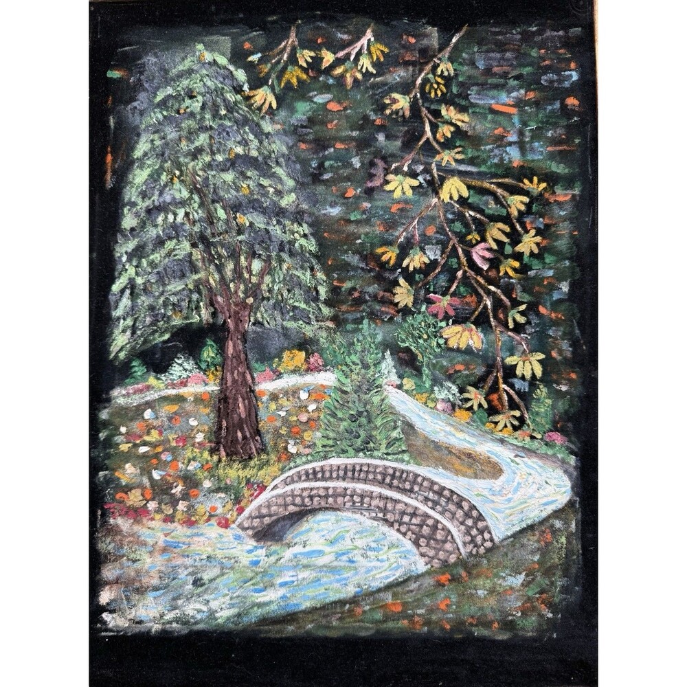 Fall Landscape Painted On Black Velvet Framed - Picture 7 of 9